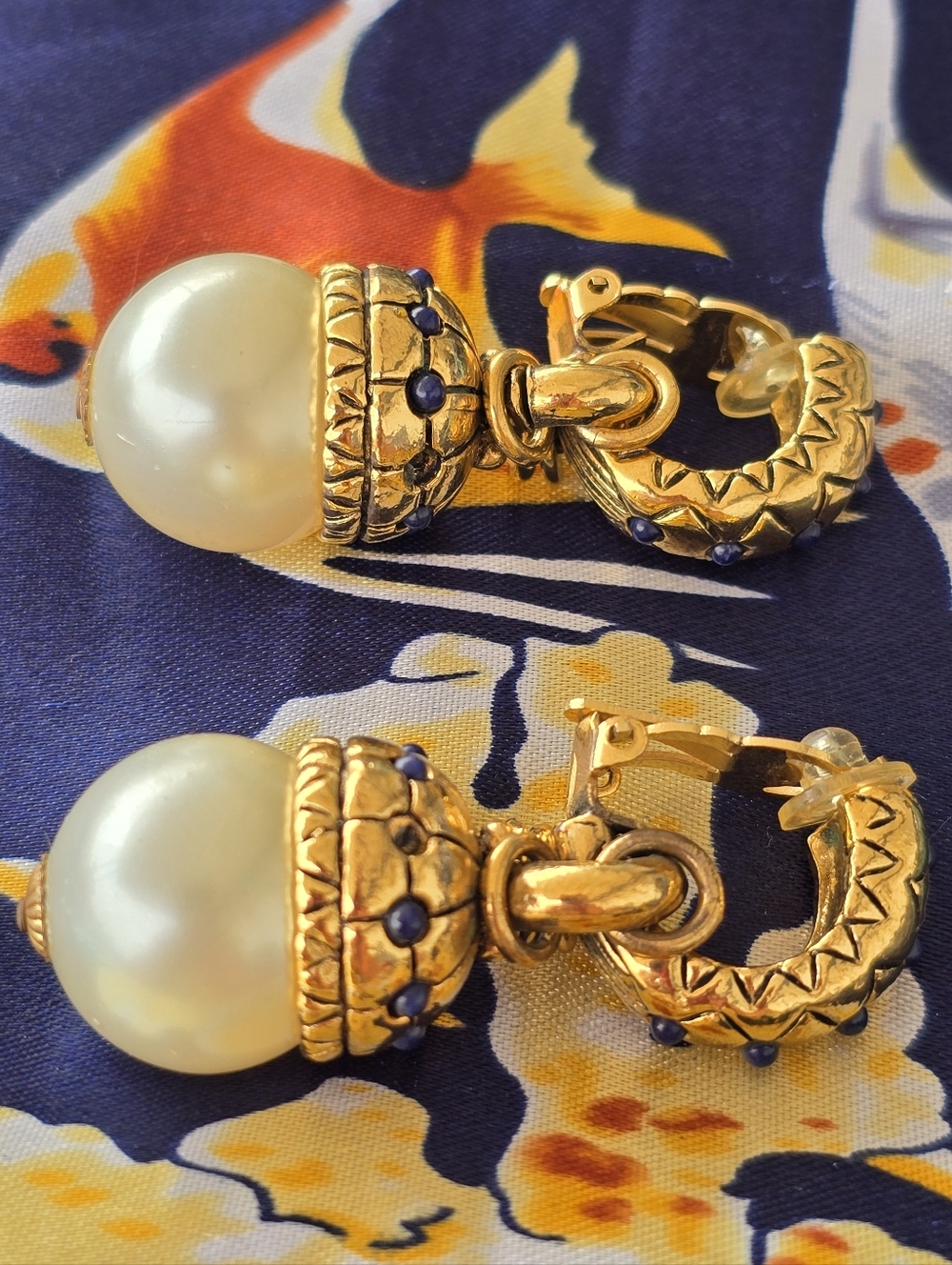 Loewe Vintage Gold-Tone Pearl Drop Clip On 2.25"Earrings with Blue Accents - Picture 8 of 8